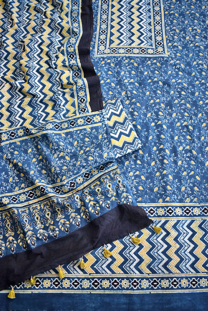 Block Print Ajrakh Cotton Suit with designer Ajrakh neck yoke /panel & Dupatta
