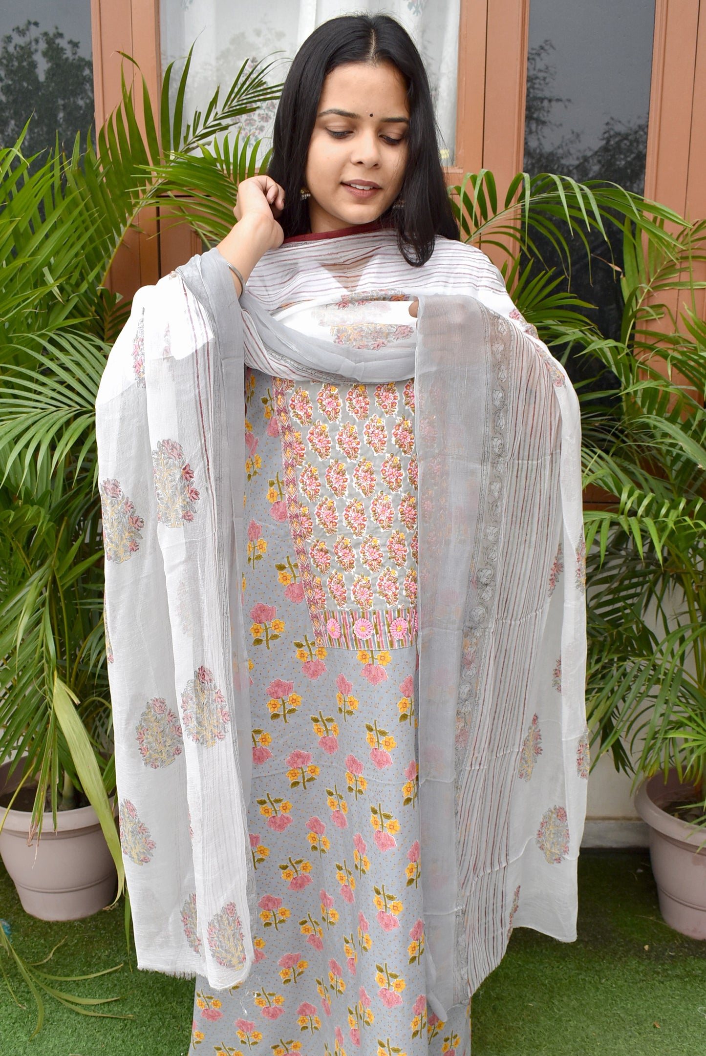 Premium Cotton Unstitched Suit with Neck patch, Intricate Hand Embroidery & Block print dupatta