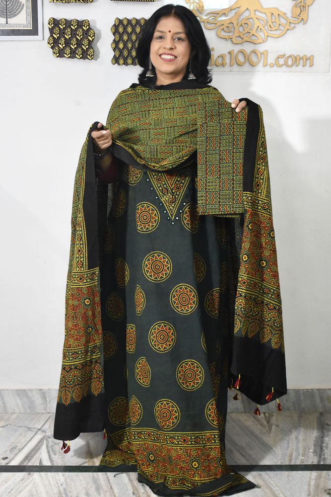 Designer Ajrakh Cotton kurta with panel design & Mirror work & Cotton dupatta - 3 piece set