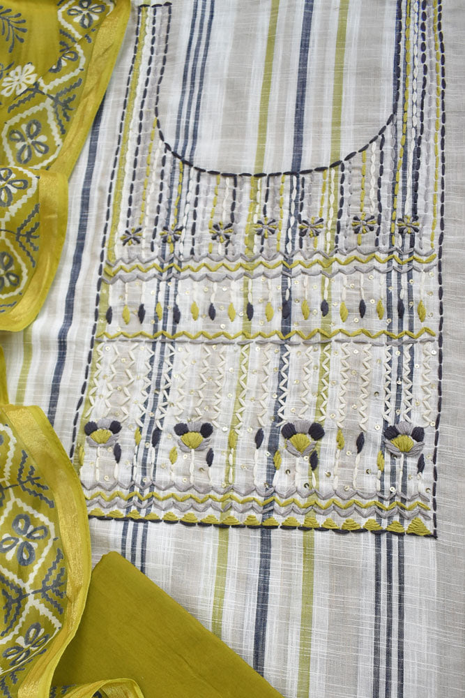 Premium Cotton Unstitched Suit with Intricate Hand Embroidery & Block print Chanderi dupatta
