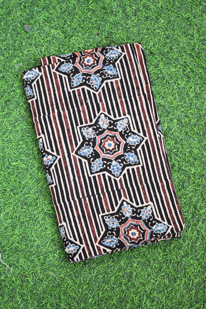 Block Print Ajrakh Cotton Suit with designer Ajrakh neck yoke /panel & Dupatta