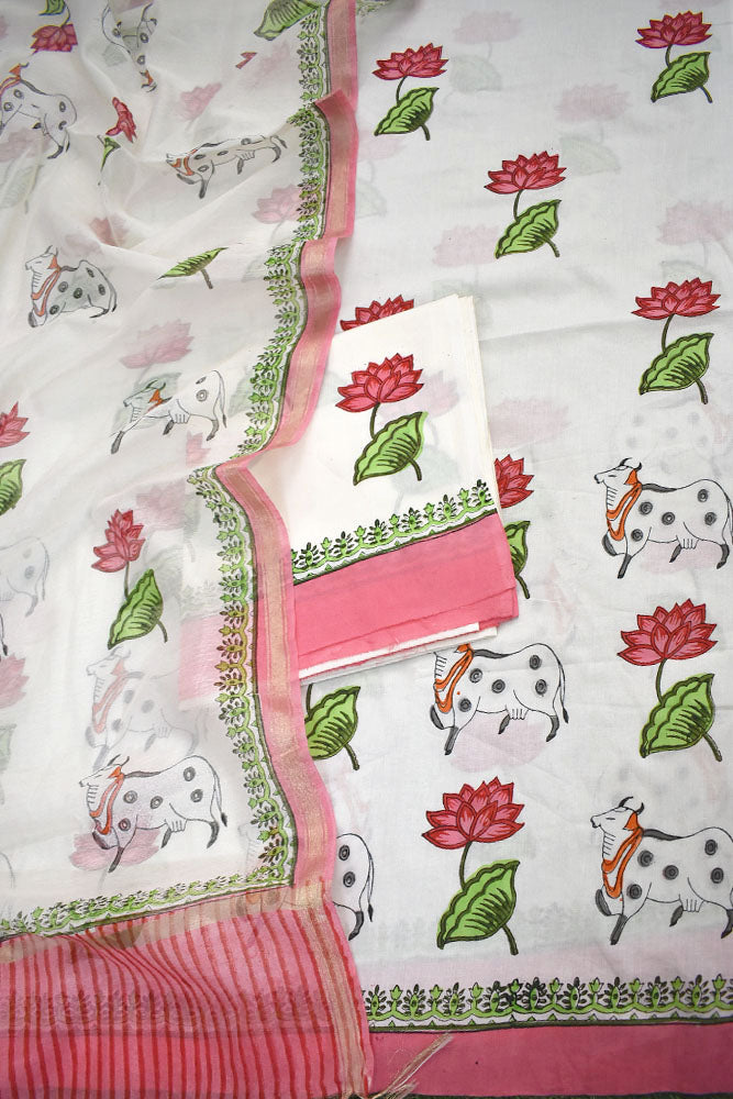Designer Hand Block Placement Print Cotton suit with Chanderi dupatta and panel design