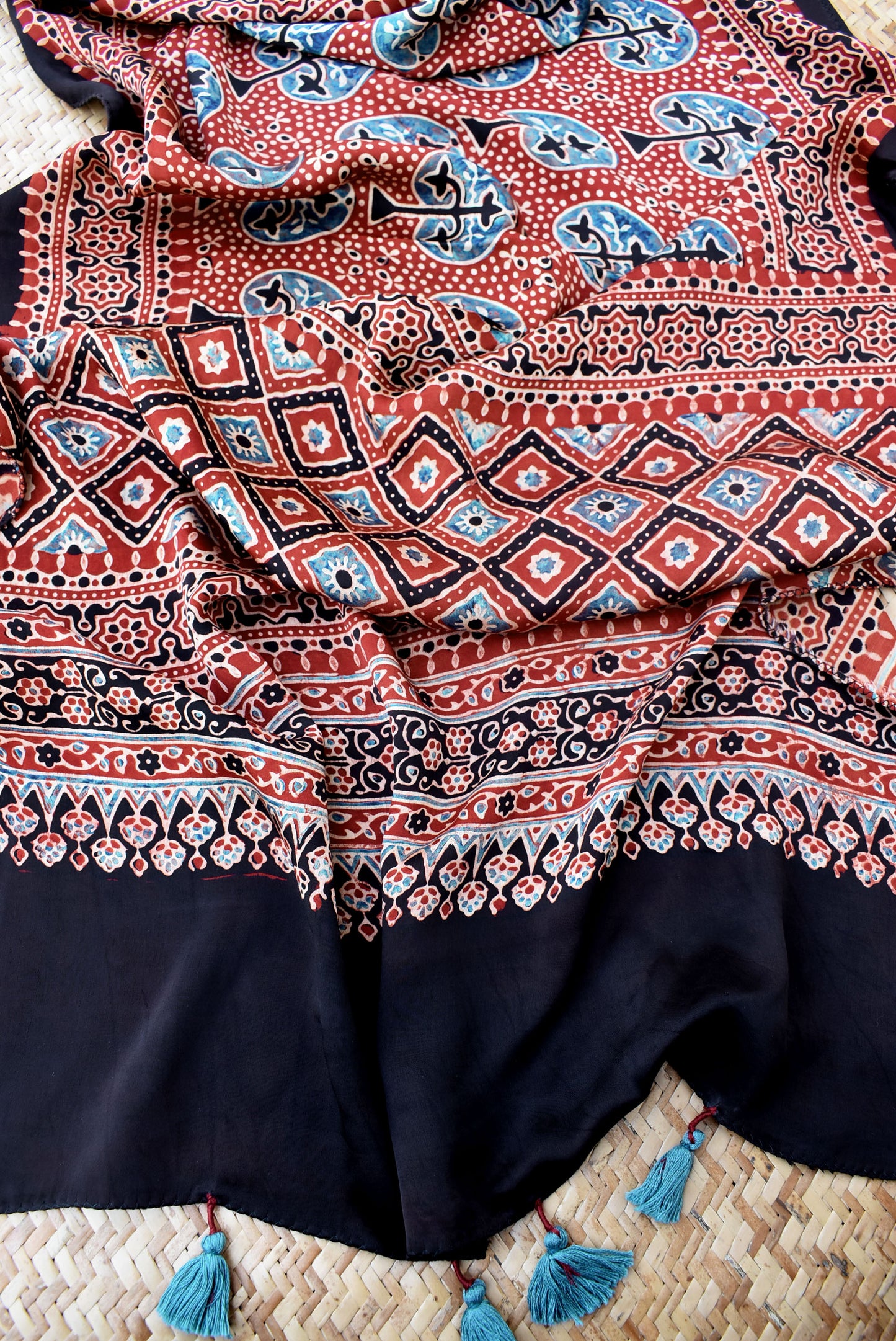 Beautiful Hand Block Printed Ajrakh Modal Silk stole with Tassels