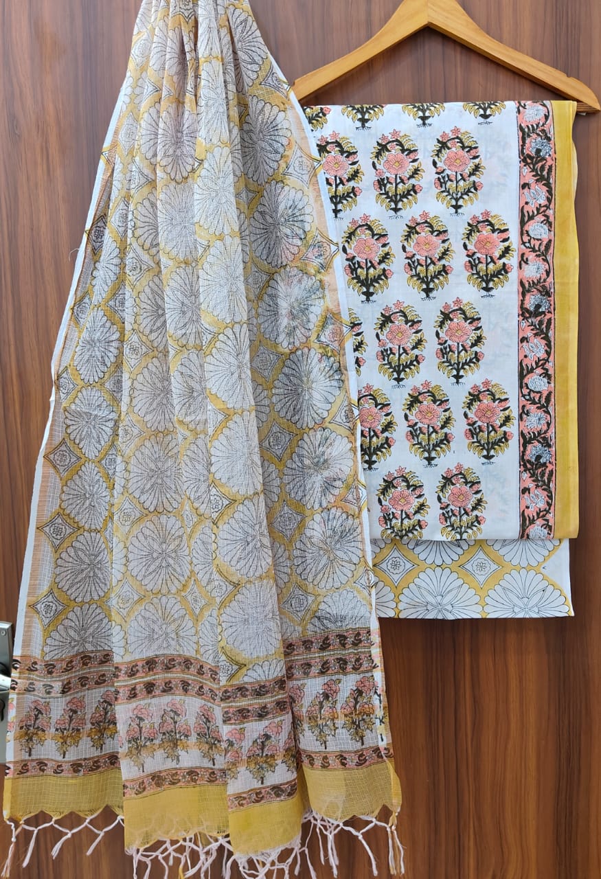 Beautiful Hand Block Printed Cotton unstitched suit fabric with Kota Doria Dupatta