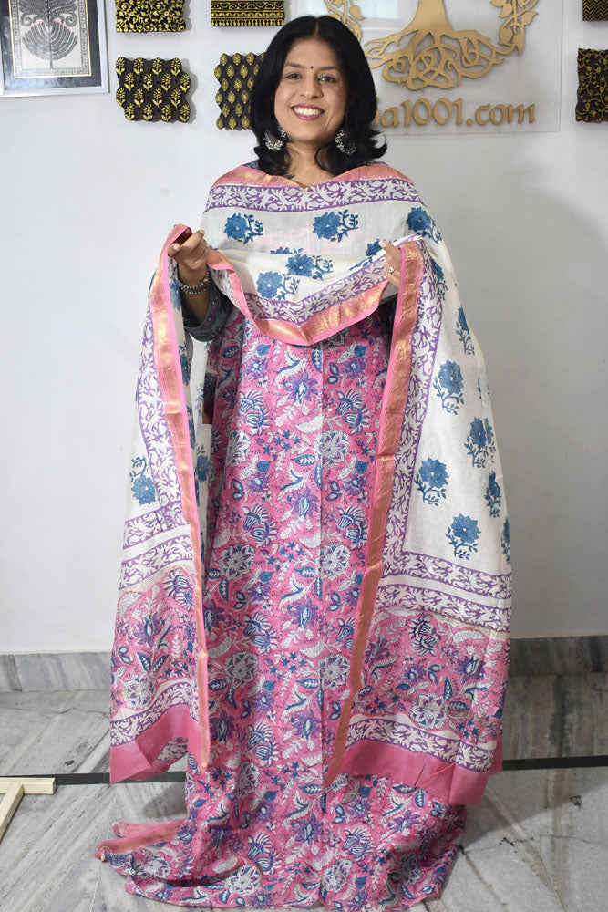 Elegant Sanganer Hand Block Printed Maheshwari Unstitched suit fabric
