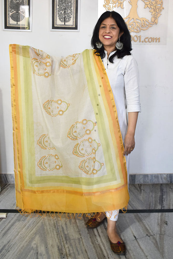 Hand Block Printed & Brush painted Kota Doria Cotton Dupatta
