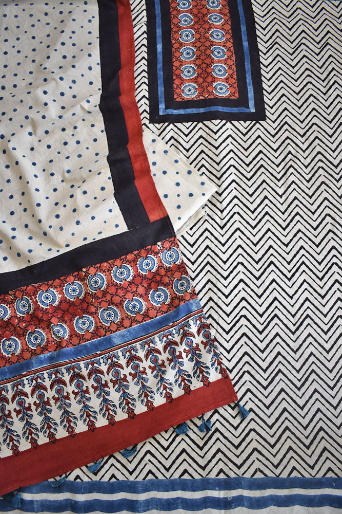 Block Print Ajrakh Cotton Suit with designer Ajrakh neck yoke /panel & Long Stole