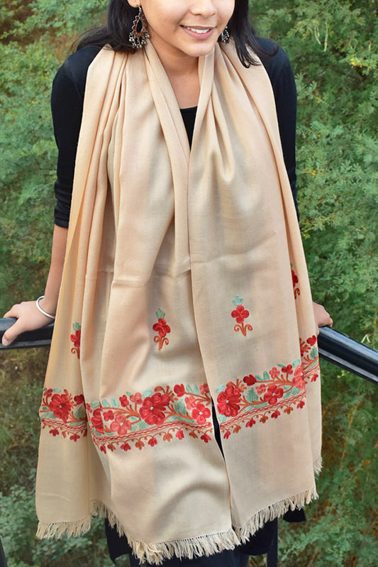 Elegant, Fine& Soft Semi Pashmina Woolen Stole with Aari work Embroidery