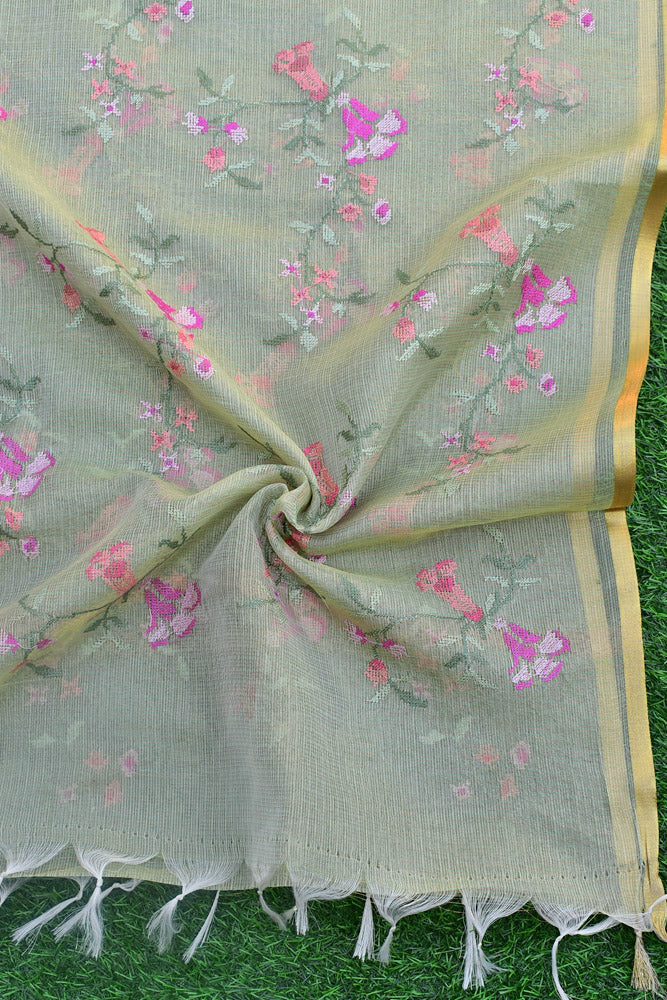 Elegant Kota Tissue dupatta with All over Cross Stitch Embroidery - Lime Green