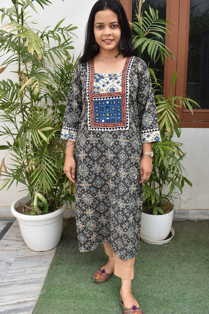 Hand block printed Ajrakh Cotton kurta with Kutch Mirror work - size 40, 42, 44