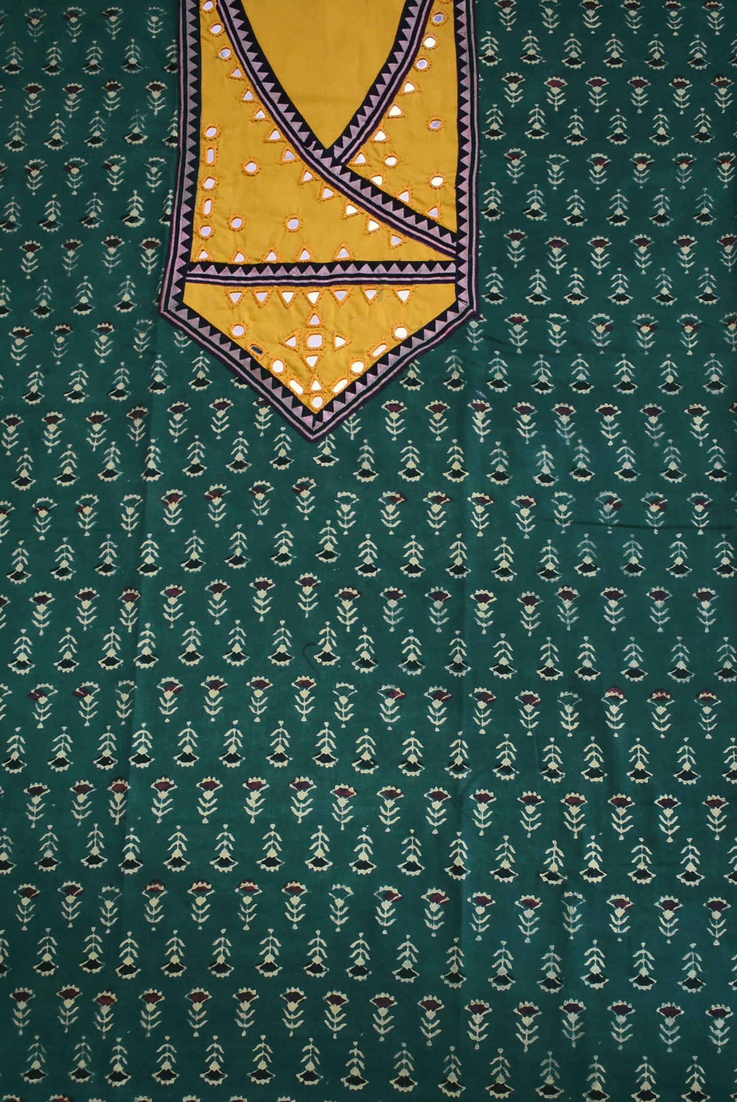 Designer Ajrakh Cotton Short Kurta Fabric with Kutch Mirror Work patch