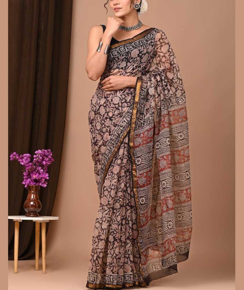 Beautiful Hand Block Printed Kota cotton Saree with zari border