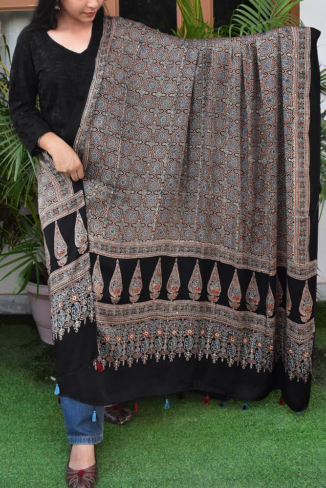 Elegant Modal Silk Ajrakh Block Print Dupatta with tassels