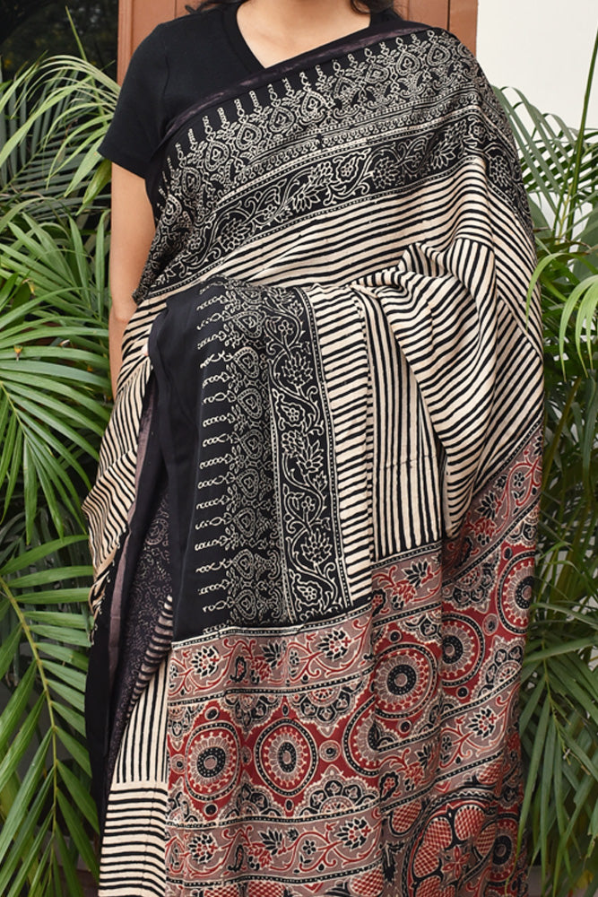 Elegant Hand Block Printed Ajrakh Modal Silk Saree with tassels