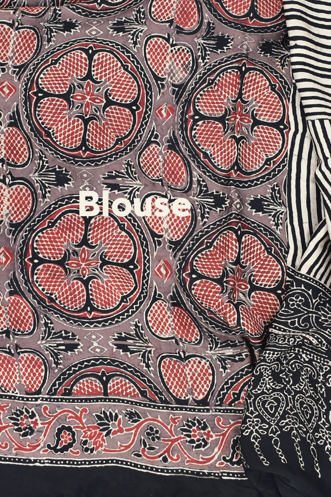 Elegant Hand Block Printed Ajrakh Modal Silk Saree with tassels