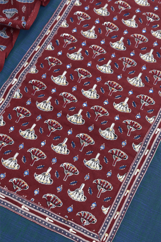 Premium Cotton Unstitched Suit with Ajrakh patch, Intricate Hand Embroidery & barmer Ajrakh dupatta