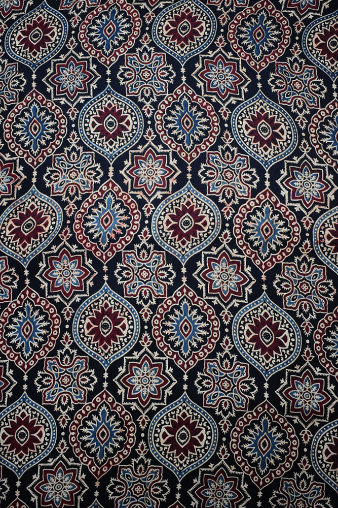 Beautiful Modal Silk Ajrakh Hand Block Print Fabric - 2.5 mtrs cut