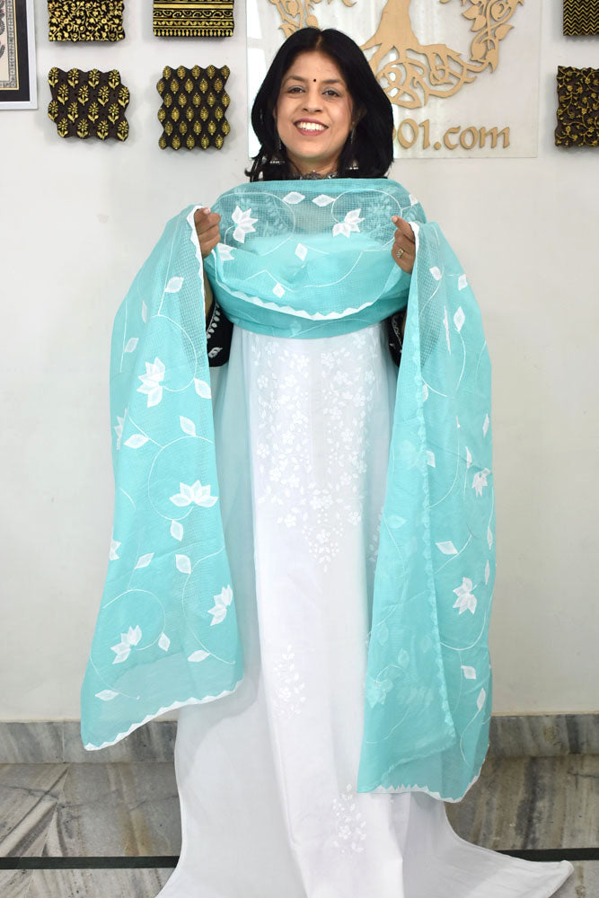 Handcrafted Phool Patti Applique & Hand Crochet work Kota cotton dupatta