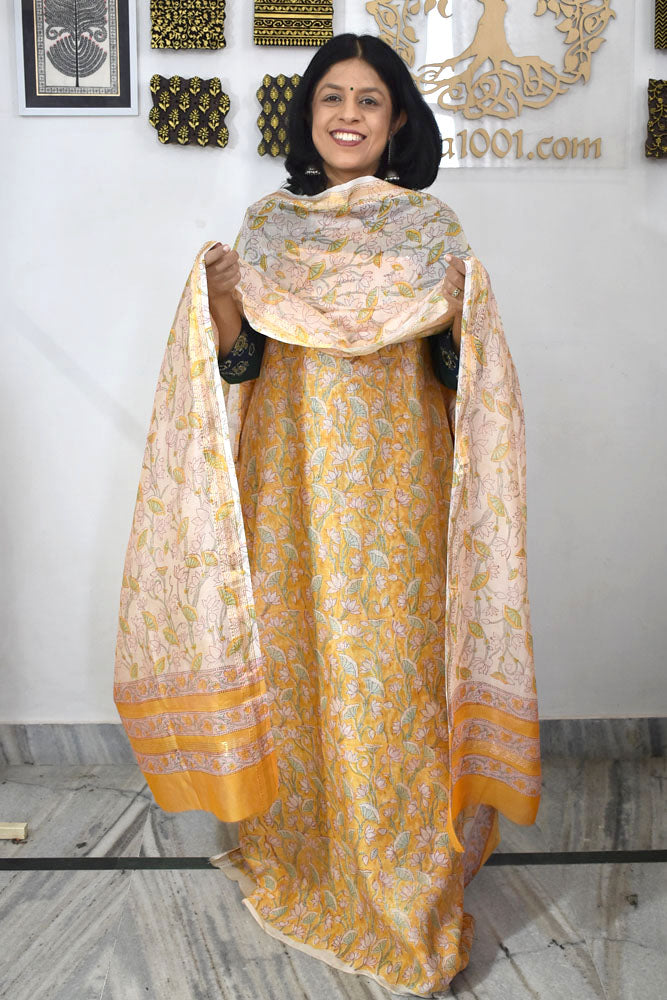Elegant Sanganer Hand Block Printed Maheshwari Unstitched suit fabric
