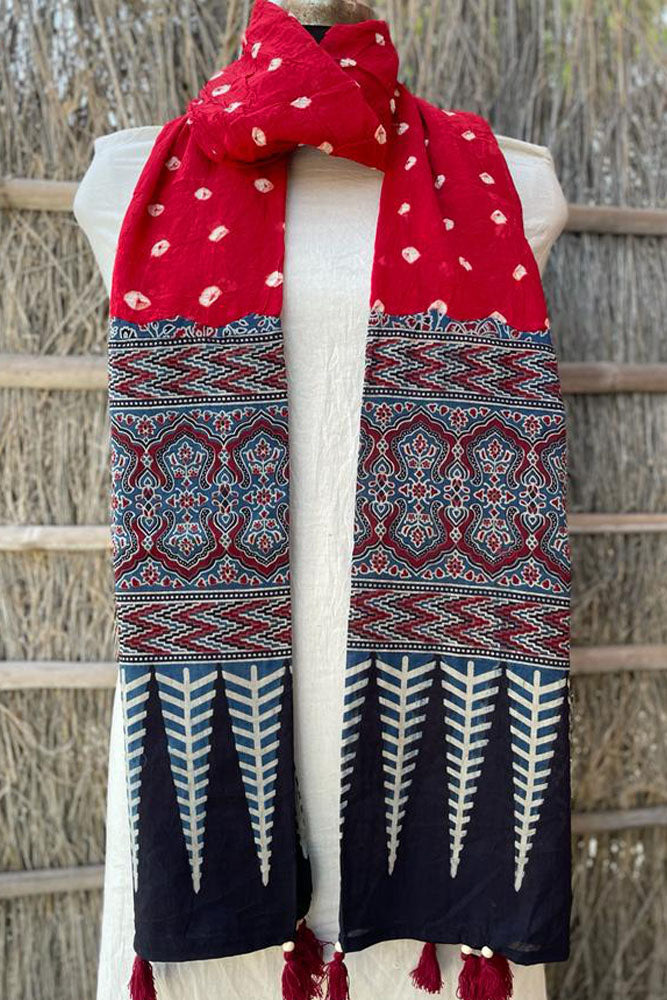 Beautiful Ajrakh Bandhani Mul Cotton Stole