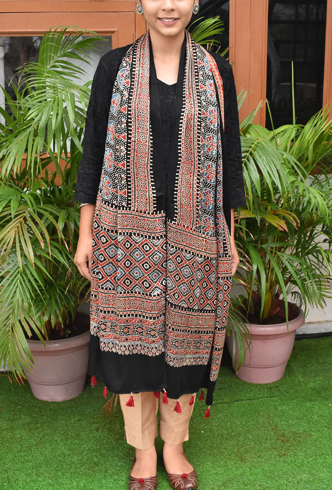 Beautiful Hand Block Printed Ajrakh Modal Silk stole with Tassels