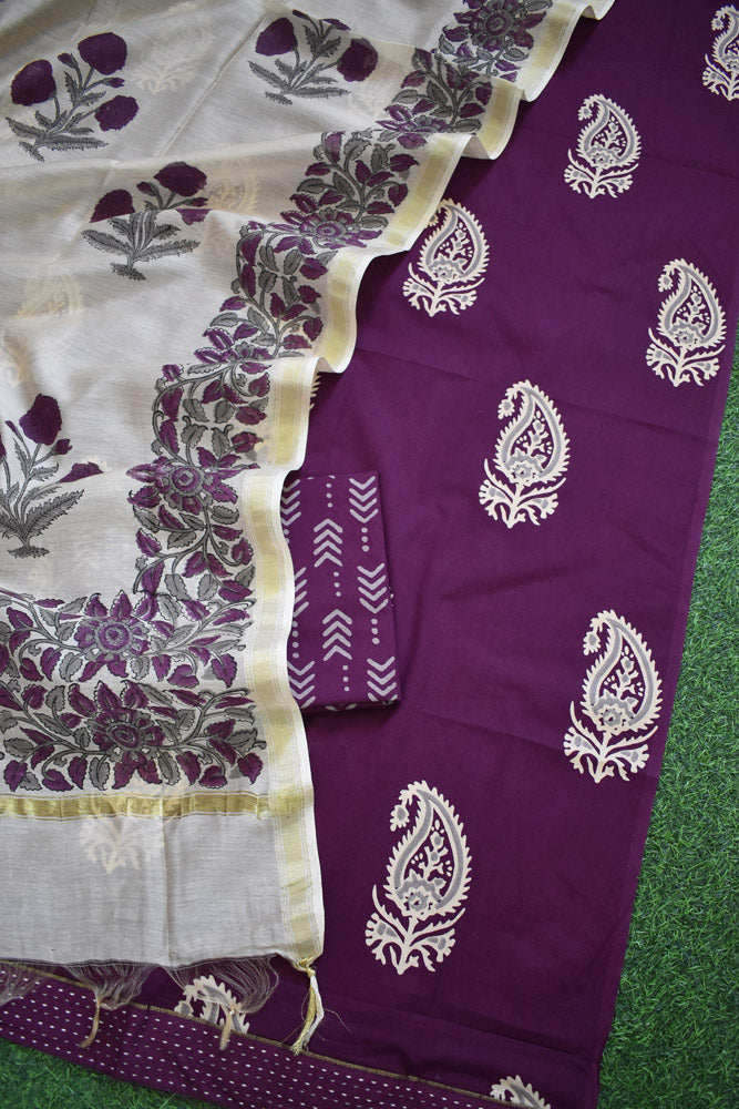 Elegant Hand Block print cotton suit with Chanderi dupatta
