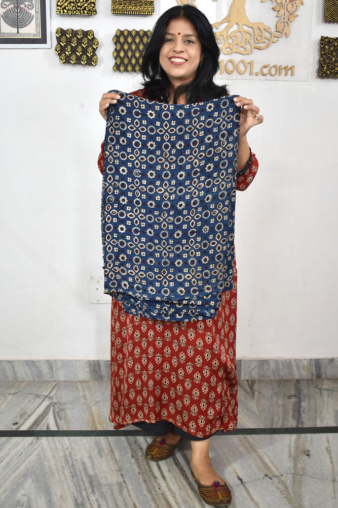 Beautiful Modal Silk Ajrakh Hand Block Print Fabric - 3 mtrs cut