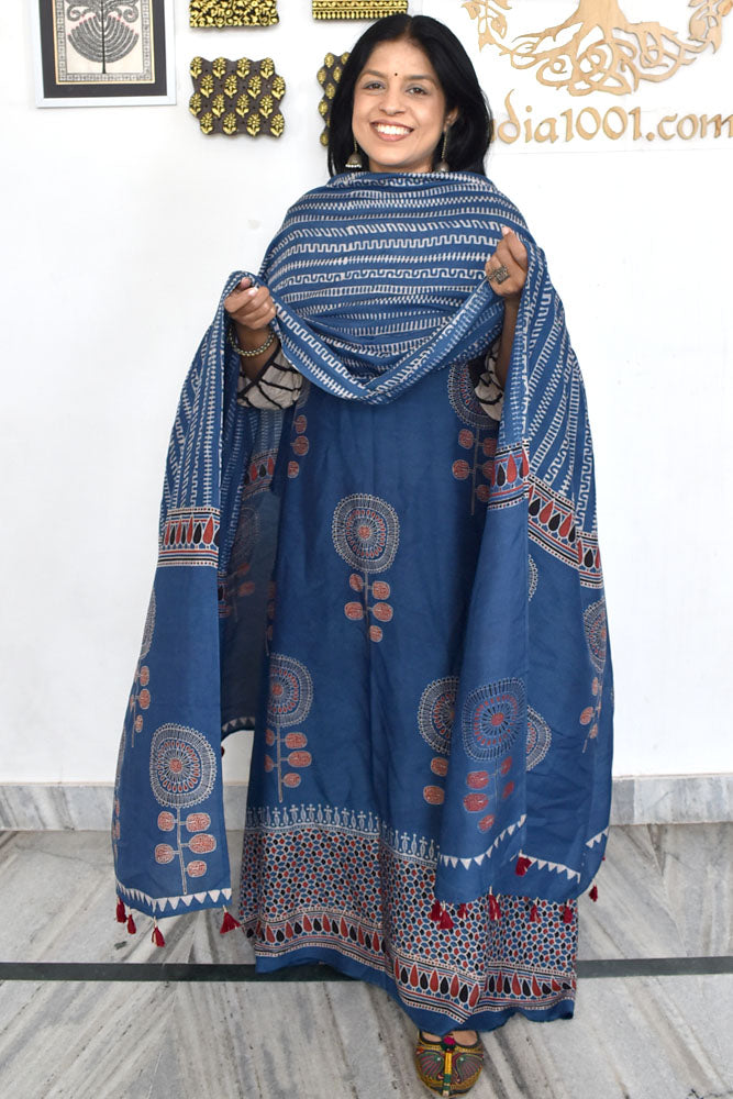 Designer Ajrakh Muslin Unstitched suit with Ajrakh Muslin Dupatta- 2 piece set