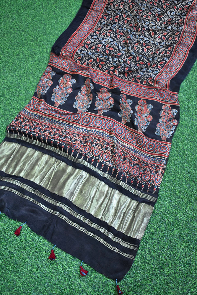 Beautiful Ajrakh Modal Silk Hand block Printed Stole with lagdi patta