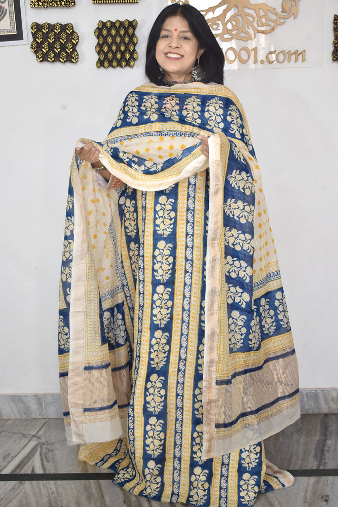 Bagh Hand Block Printed unstitched 3 pcs Handwoven Maheshwari suit fabric with Zari borders