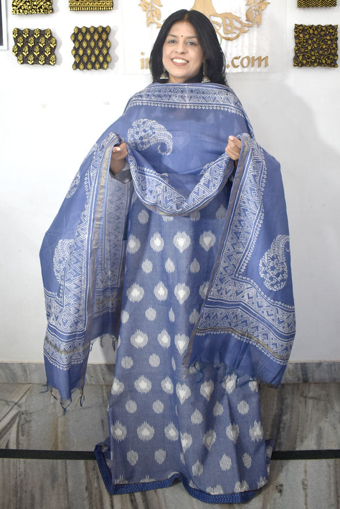 Handwoven Pochampally Cotton kurta with Chanderi Dupatta & Cotton Bottom - 3 pc set