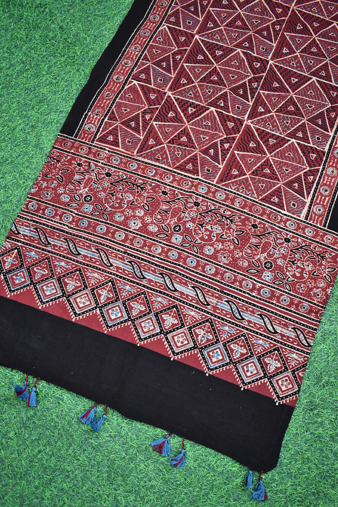 Ajrakh Hand Block Printed Khadi Cotton Stole with Tassels & natural dyes