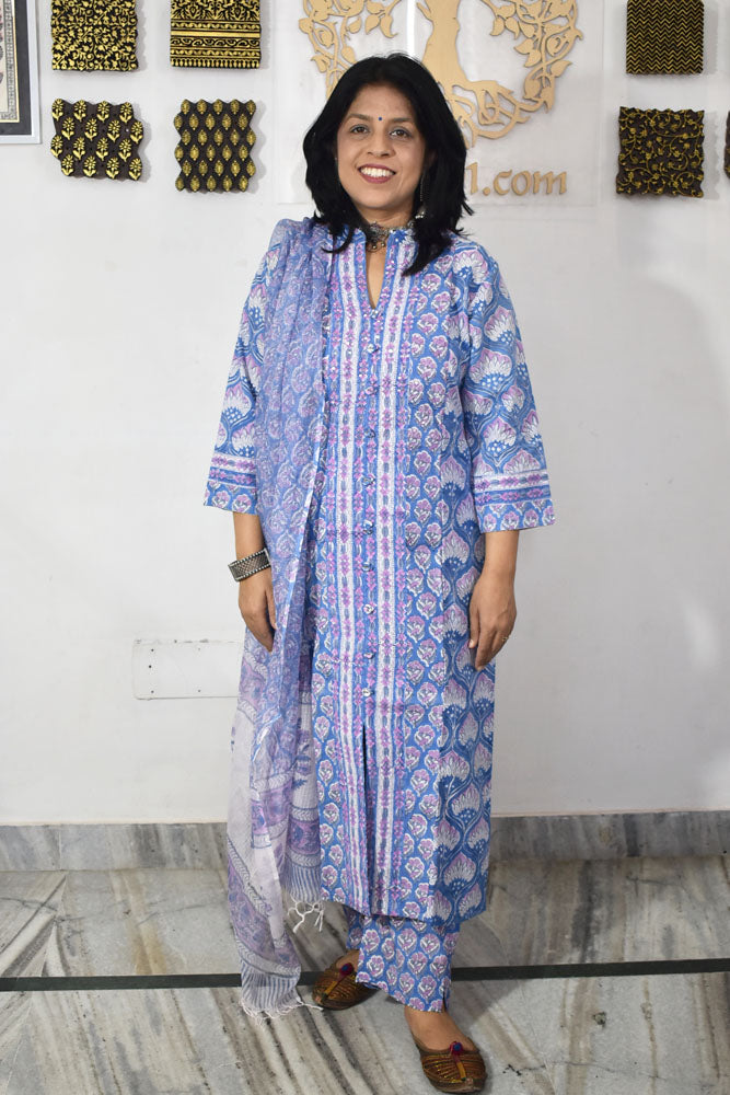 Hand Block Printed Cotton suit with Hand Embroidery - Kurta , Kota Dupatta & Pant - size 38, 40, 42, 44, 46