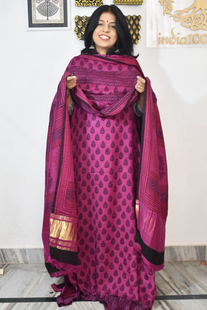 Bagh Hand Block Printed unstitched 3 pc Modal silk suit fabric with Lagdi patta from MP