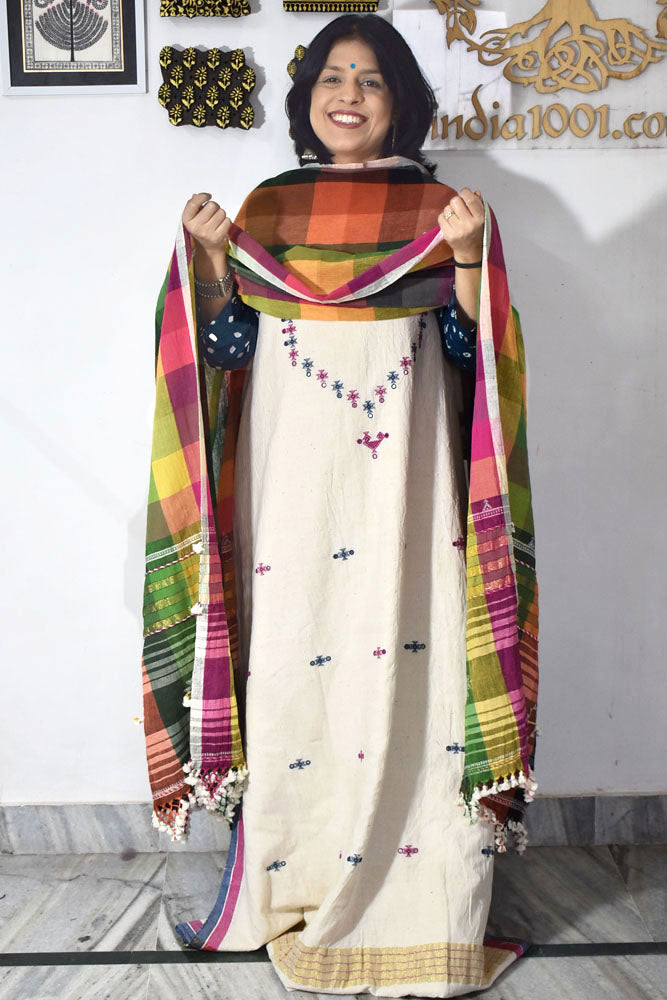 Premium Handwoven Kala Cotton Bhujodi suits with Mirror and Miri work - 3 pc set