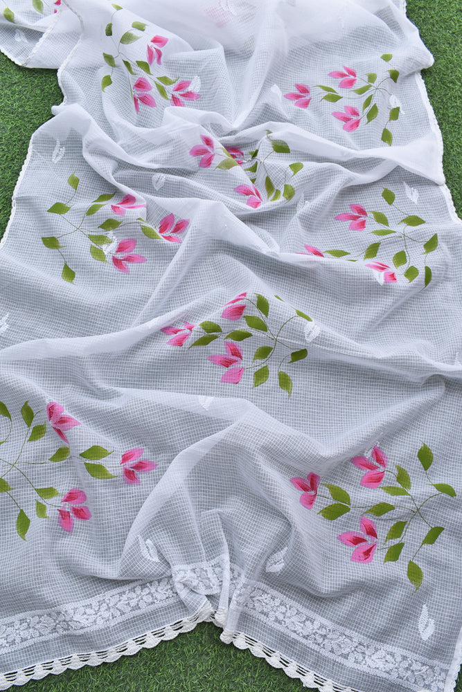 Kota Cotton Dupatta with Hand Paint, Hand Chikankari embroidery & crochet borders on all sides