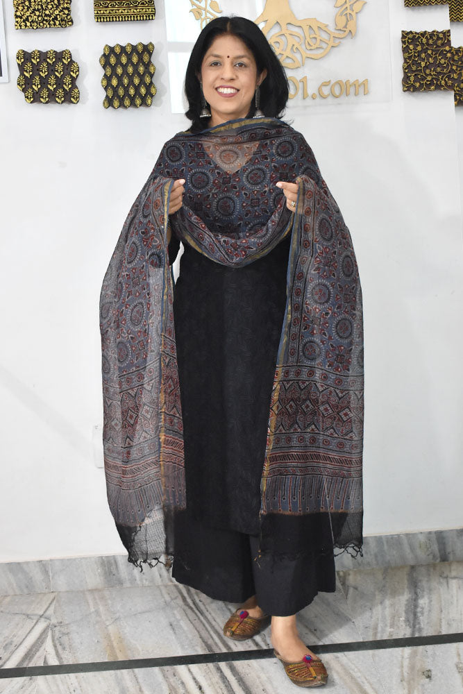 Beautiful Ajrakh Hand Block Printed Kota Dupatta