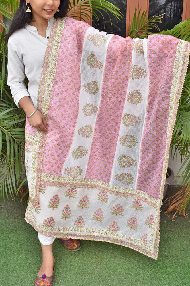 Hand Block Printed, Patch and Embroidery Work Kota Doria Dupatta