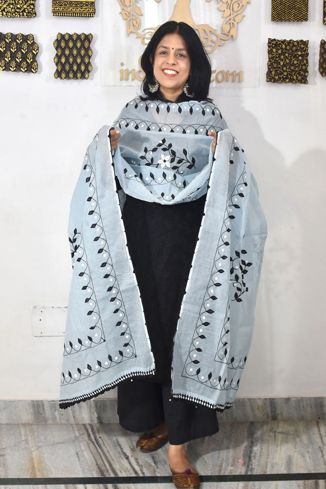 Handcrafted Phool Patti Applique & Hand Crochet work Kota cotton dupatta