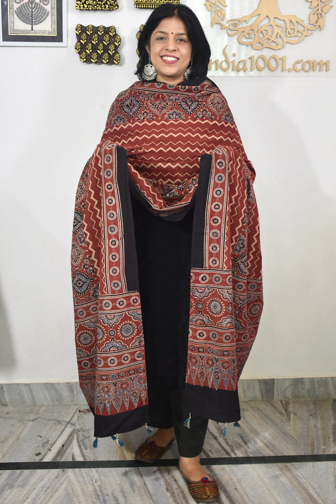 Ajrakh Hand Block Printed Cotton Dupatta with Tassels & natural dyes