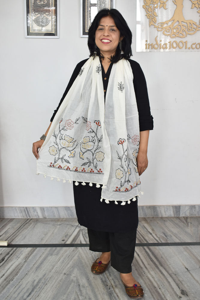 Beautiful Soft Cotton Voile Stole with Kantha work & hand embroidery & tassels