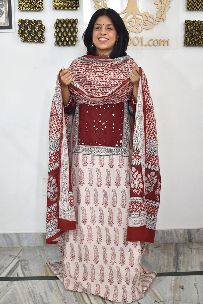 Bagh Hand Block Printed unstitched 3 pc Cotton suit fabric with Kutch Mirror Work