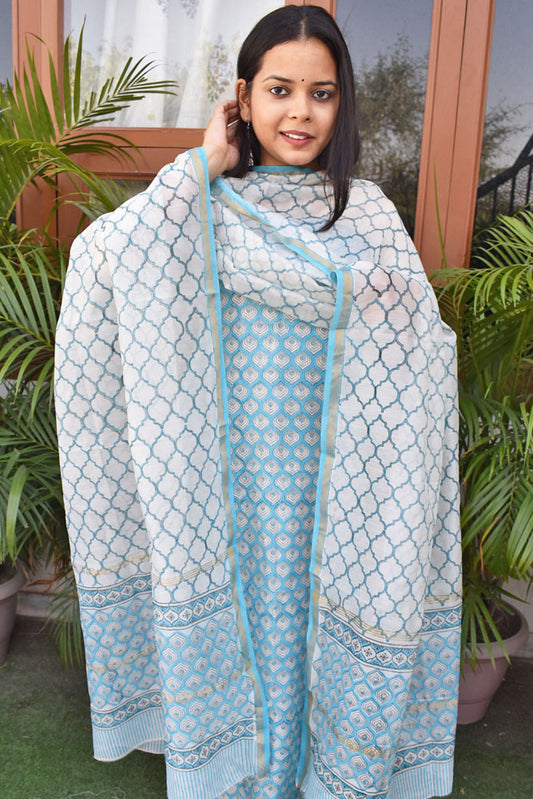 Sanganer Hand Block Printed Chanderi unstitched suit fabric