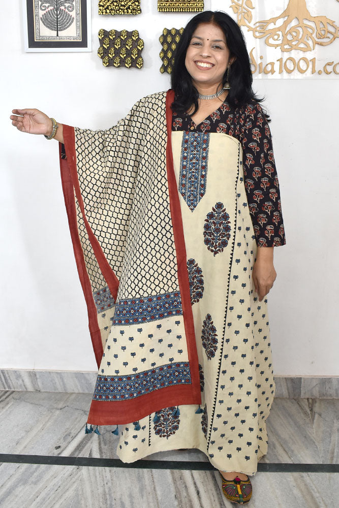 Designer Ajrakh Cotton kurta with Stole & Cotton Bottom - 3 piece set
