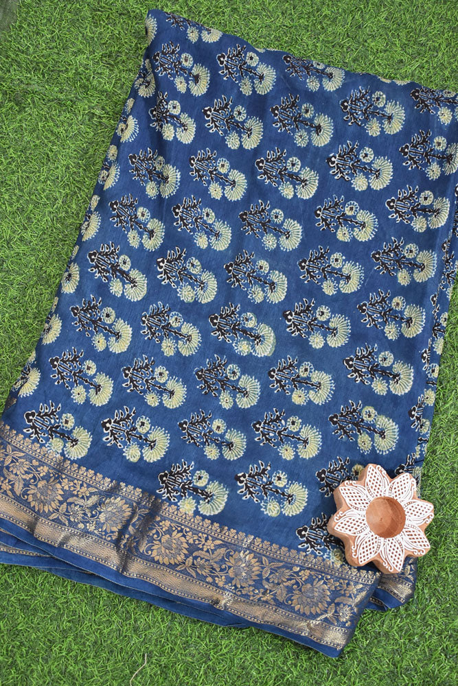 Beautiful Ajrakh Dola Silk Hand Block Print Fabric - 3 mtrs cut
