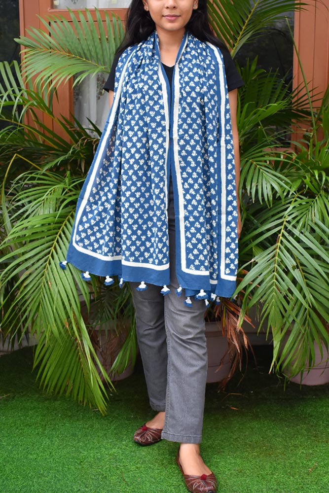 Elegant Hand block printed Cotton stole with cloth tassels