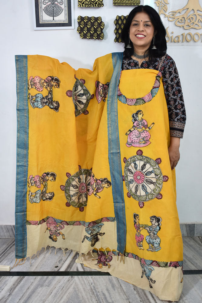 Beautiful Bangalore Cotton Silk Hand Painted Kalamkari Kurta & Dupatta Set
