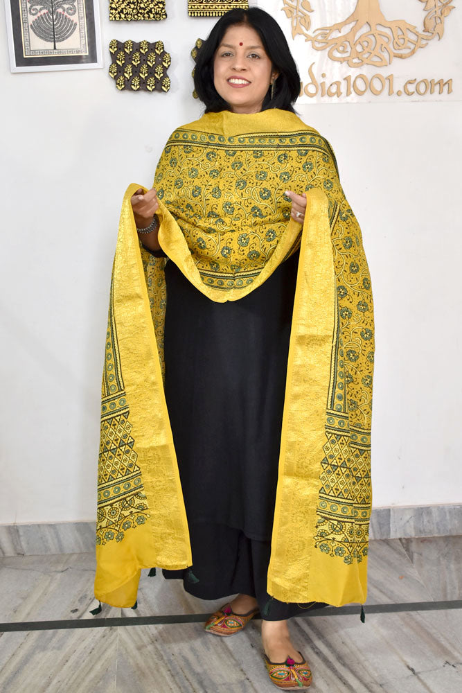 Beautiful Ajrakh Dola Silk Hand Block Print Dupatta with Tassels