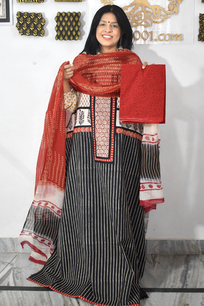 Elegant Handwoven Cotton Unstitched Suit with Ajrakh patch ,Intricate Hand Embroidery & block print chiffon dupatta