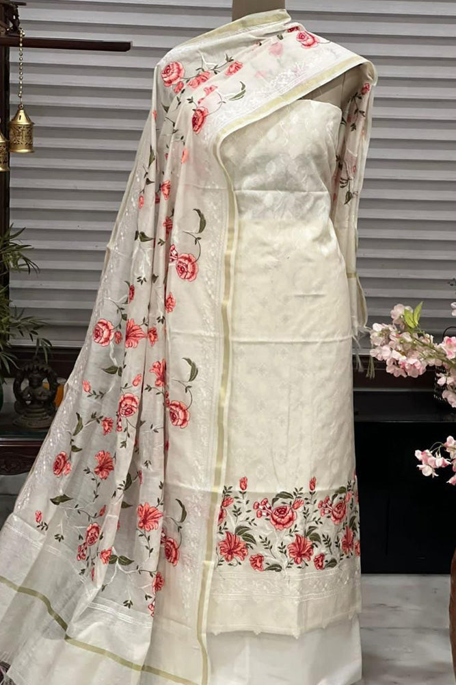 Beautiful embroidered Banarasi Slub Cotton Chanderi suit